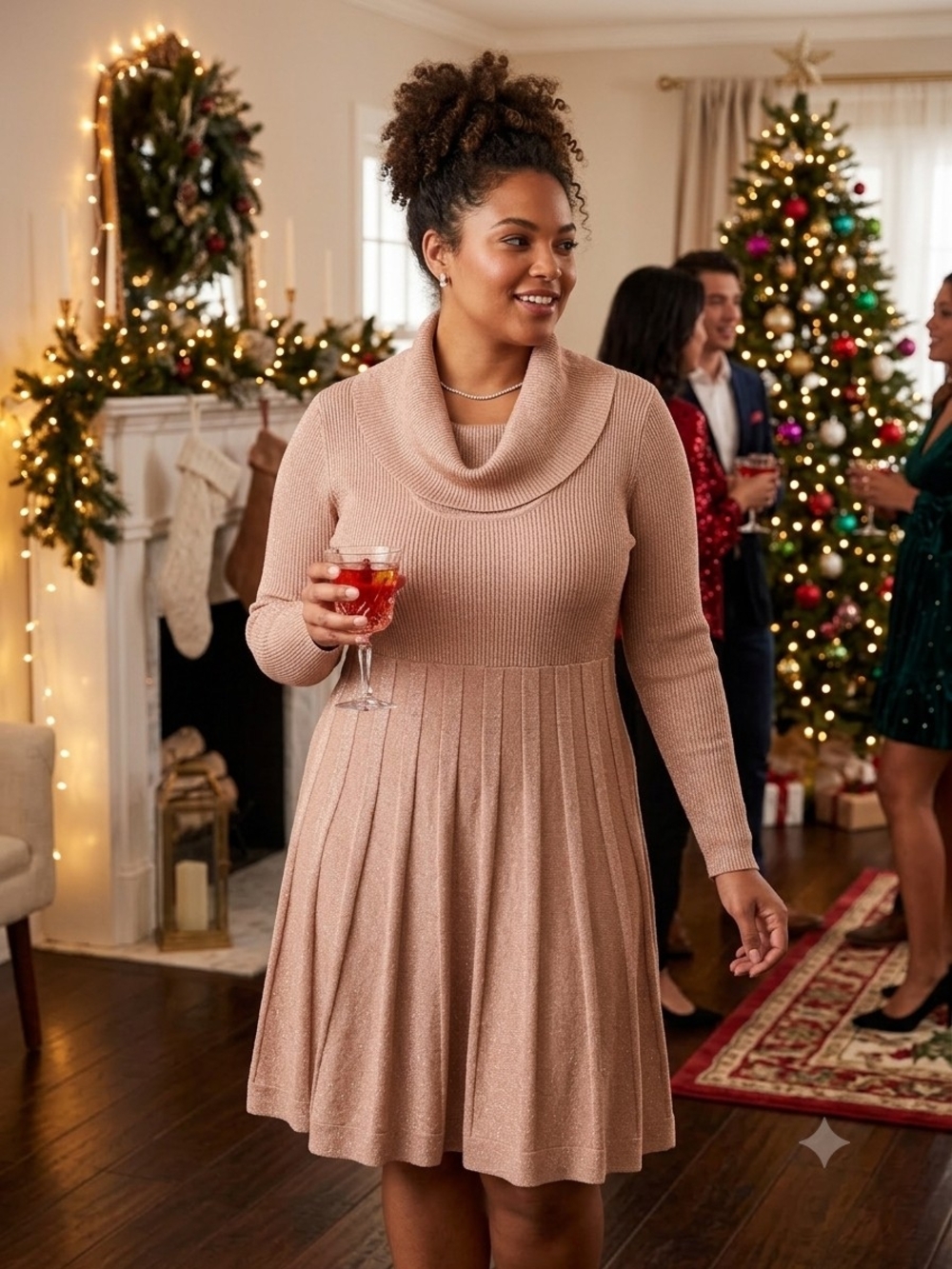 Calvin Klein Dusty Blush Cowl Neck Pleated Knit Dress Sweater